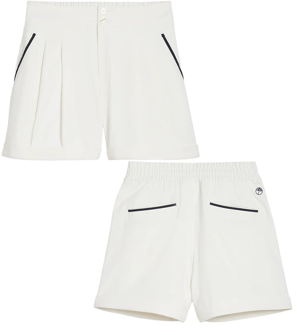 Puma x AP Solid Women’s Golf Shorts- front & back in Warm White with contrast navy piping on the pockets 