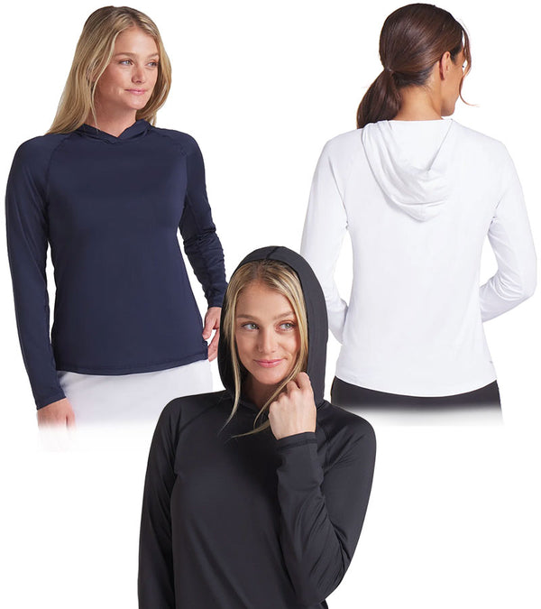 Puma YouV Brrr Womens Golf Hoodie - 3 models- in 3 colors: Puma Black front view, Warm White back view, Deep Navy front view