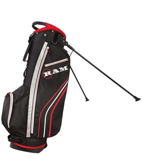 Ram Golf Accubar Mens Golf Clubs Set - bag legs extended in black with red and silver accents/details