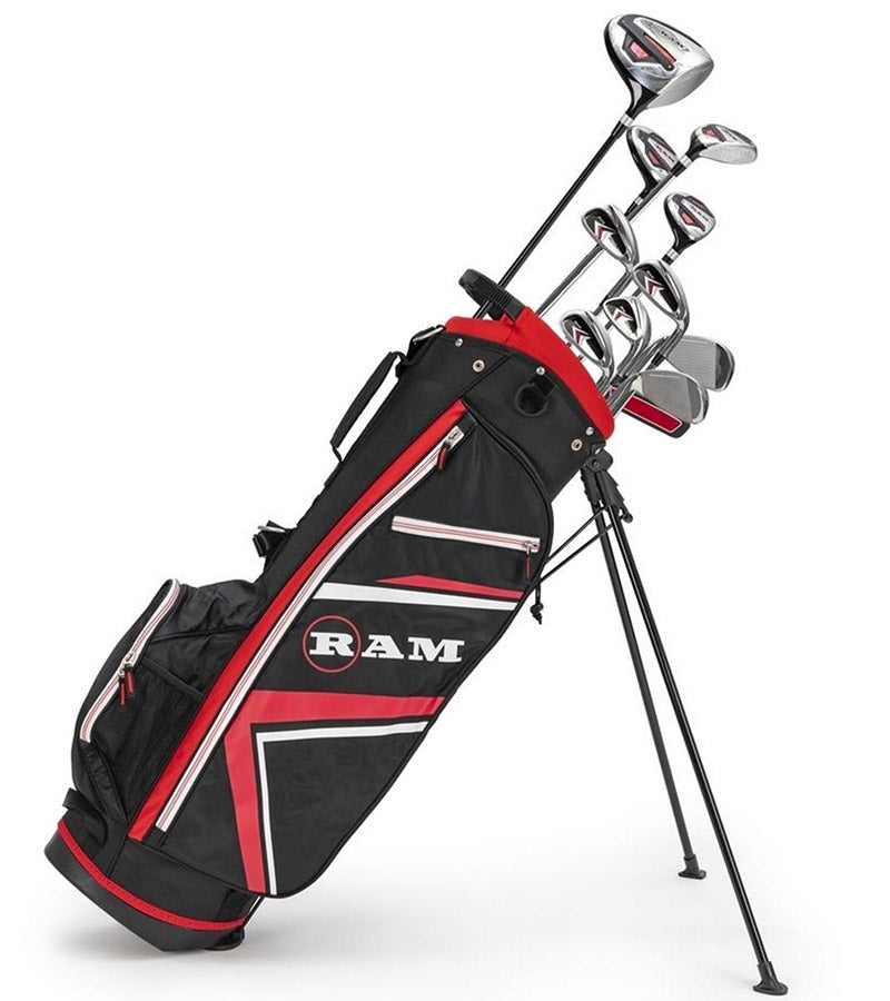 Ram Golf Accubar Plus Mens Golf Clubs Set -11 clubs with bag- legs extended in black with red and silver accents/details 