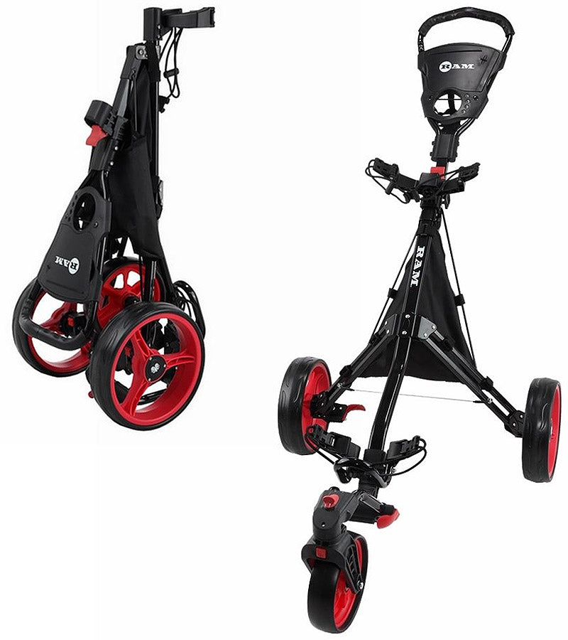 Ram Golf Push Pull 3-Wheel Golf Cart 360 Rotating Front Wheel in black with red wheel details- folded and open views