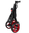 Ram Golf Push Pull 3-Wheel Golf Cart 360 Rotating Front Wheel in black with red wheel details- folded view