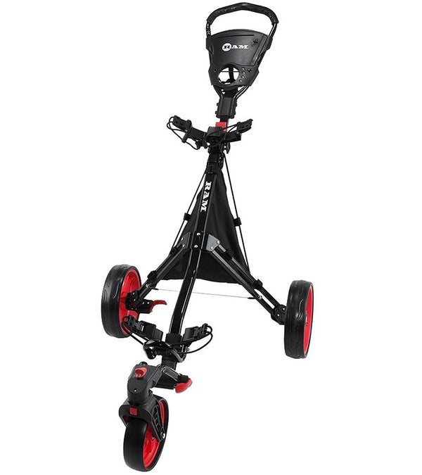 Ram Golf Push Pull 3-Wheel Golf Cart 360 Rotating Front Wheel in black with red wheel details- open view