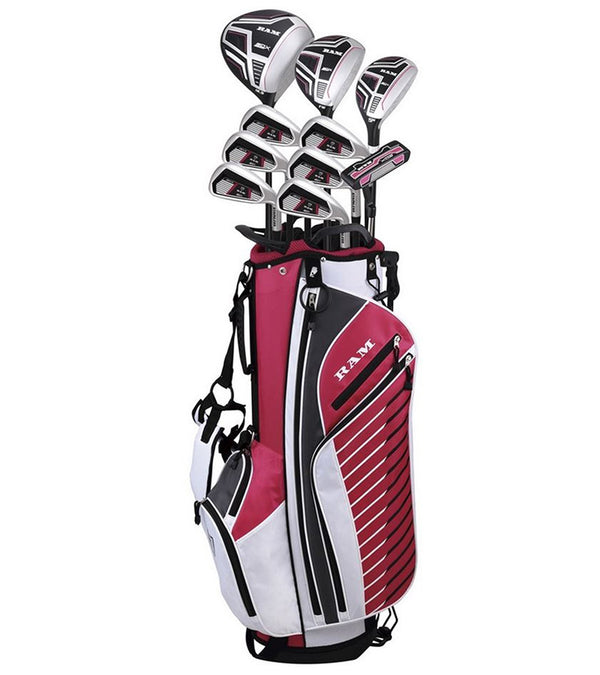 Ram Golf SDX Ladies Golf Clubs Set  STand bag with 10 clubs in dark pink and white panels with white striping and contrasting black details