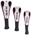 Ram Golf SDX Ladies Golf Clubs Set  -3 headcovers in black with white and contrasting pink details.