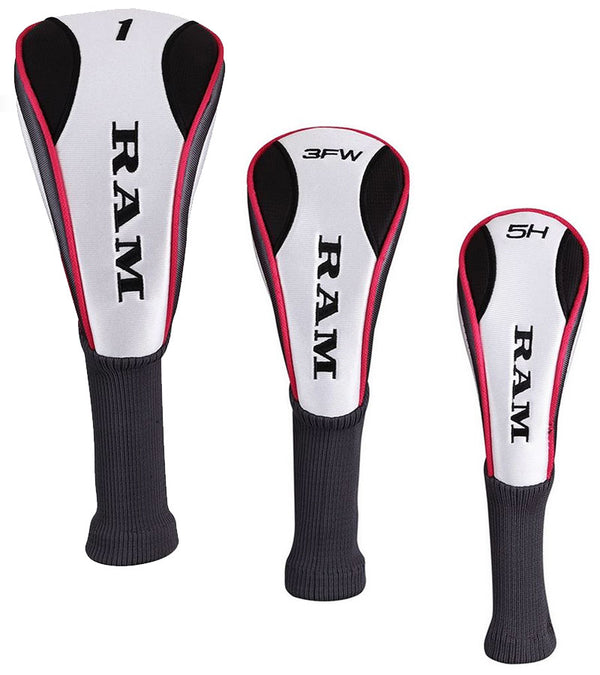 Ram Golf SDX Ladies Golf Clubs Set  -3 headcovers in black with white and contrasting pink details.