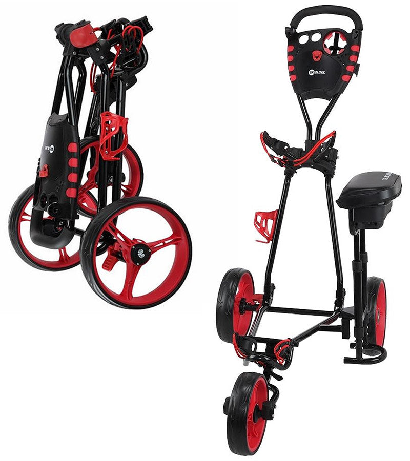 Ram Golf X-Pro Laser 3 Wheel Golf Pull Cart in black with red wheel details- folded and open views