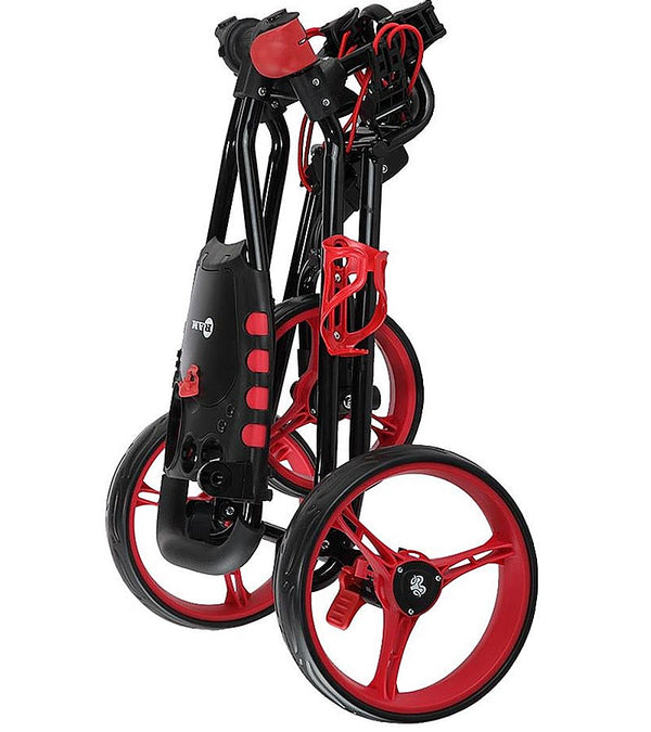 Ram Golf X-Pro Laser 3 Wheel Golf Pull Cart in black with red wheel details- folded view