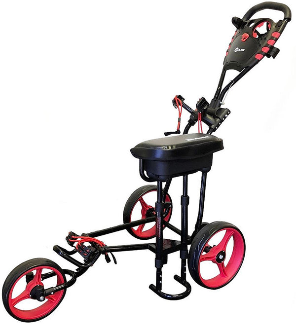 Ram Golf X-Pro Laser 3 Wheel Golf Pull Cart in black with red wheel details- side open view