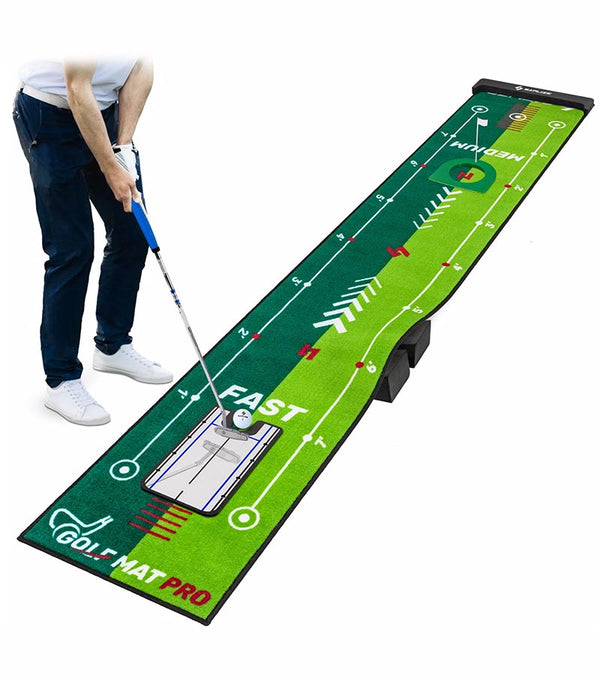 Saplize Two Speed Golf Putting Mat - showing golfer practicing