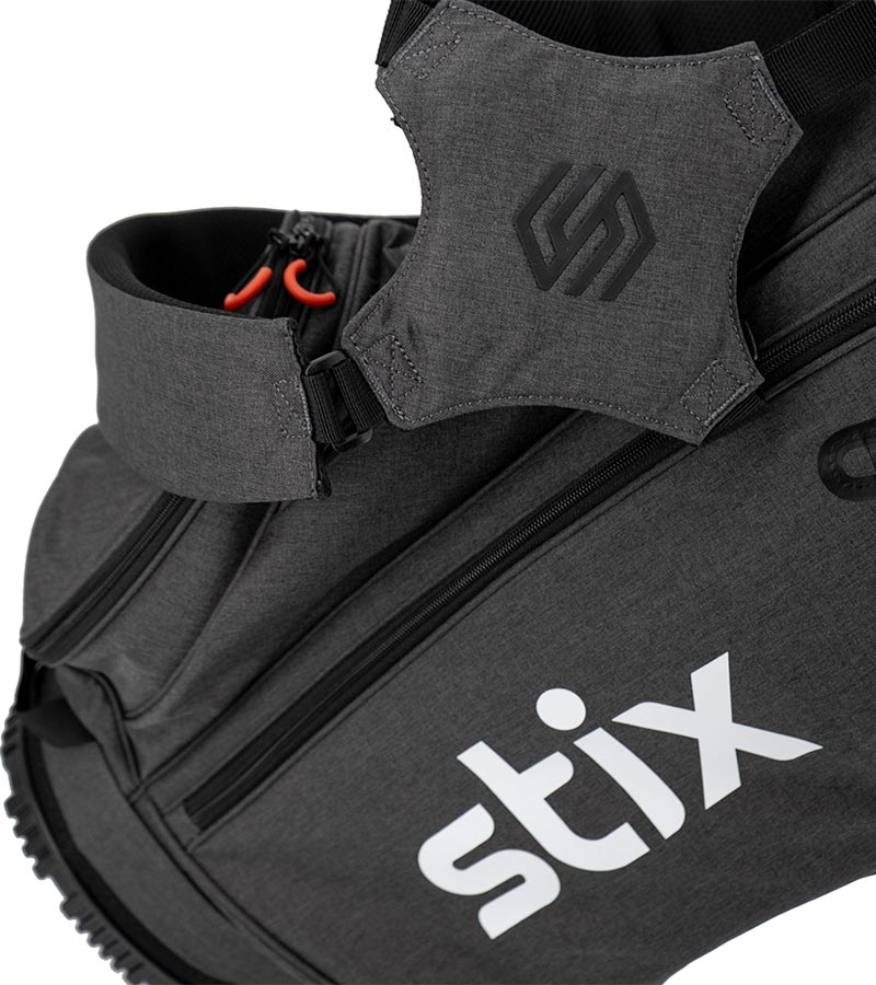 Stix Stand Golf Bag in dark charcoal with closeup of carry harness