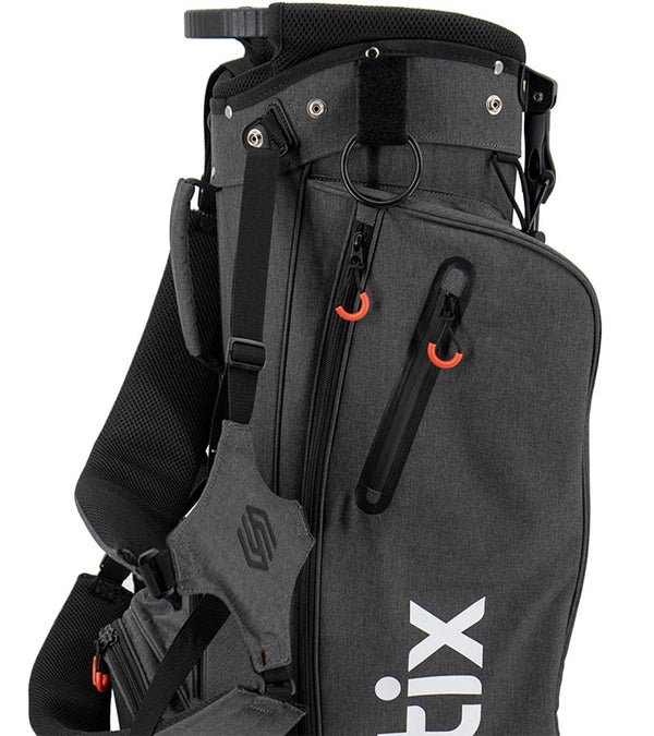 Stix Stand Golf Bag in dark charcoal with closeup of pockets atthe top of the bag