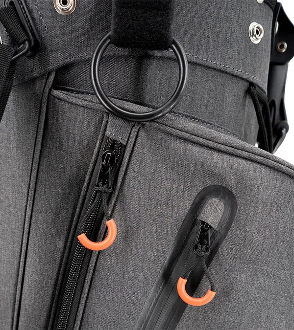 Stix Stand Golf Bag in dark charcoal with closeup of zippers