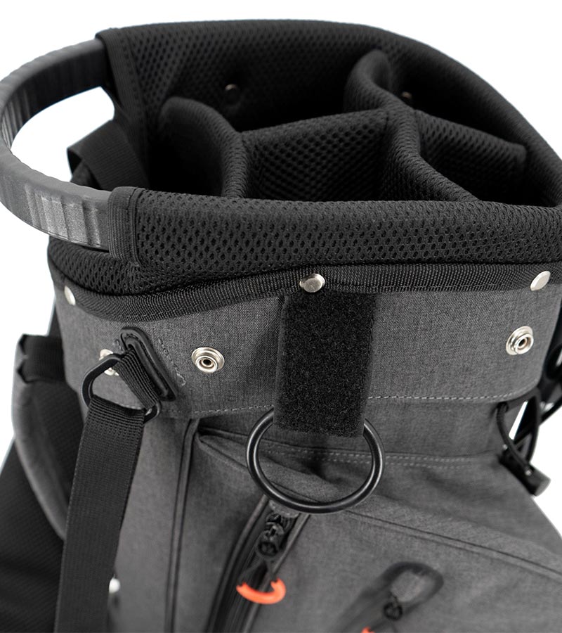 Stix Stand Golf Bag in dark charcoal with closeup of top club divider- another view