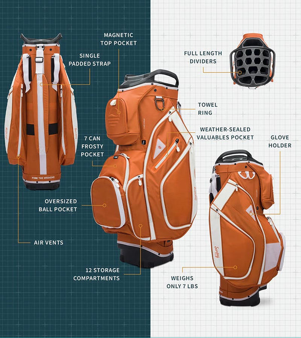 Sunday Golf The Big Rig Golf Cart Bag in Burnt Orange- Burnt Orange base with white details - with  4 views showing all features