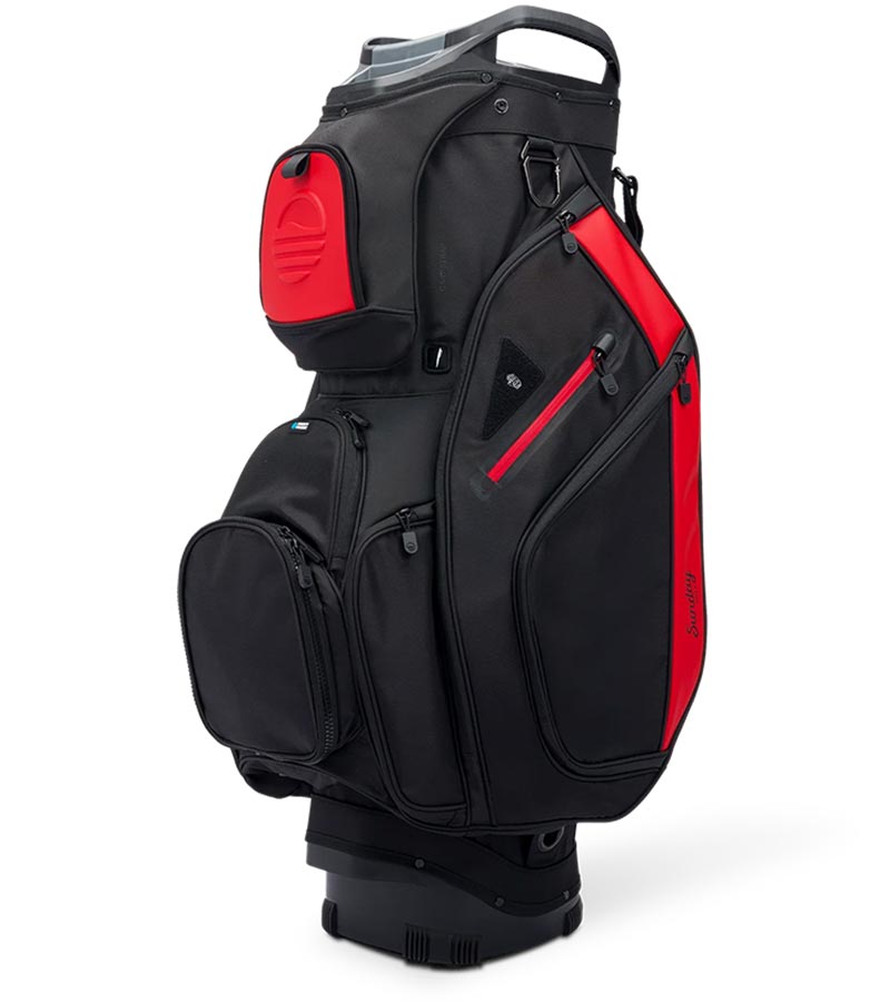 Sunday Golf The Big Rig Golf Cart Bag in Blackjack - black with red details - left side and front