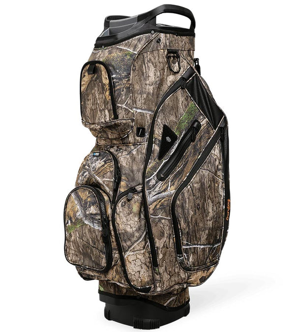 Sunday Golf The Big Rig Golf Cart Bag
in Mossy Oak Country DNA Camo with Black detail accents - three quarter front/ side view. 