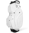 Sunday Golf The Big Rig S-Class Golf Cart Bag in White Vegan Leather –white  base and  black accent details, black handle and base- left side and front