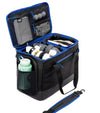 Sunday Golf Creator Duffle Bag in Black with blue accent details shows its organized compartments and padded shoulder strap.