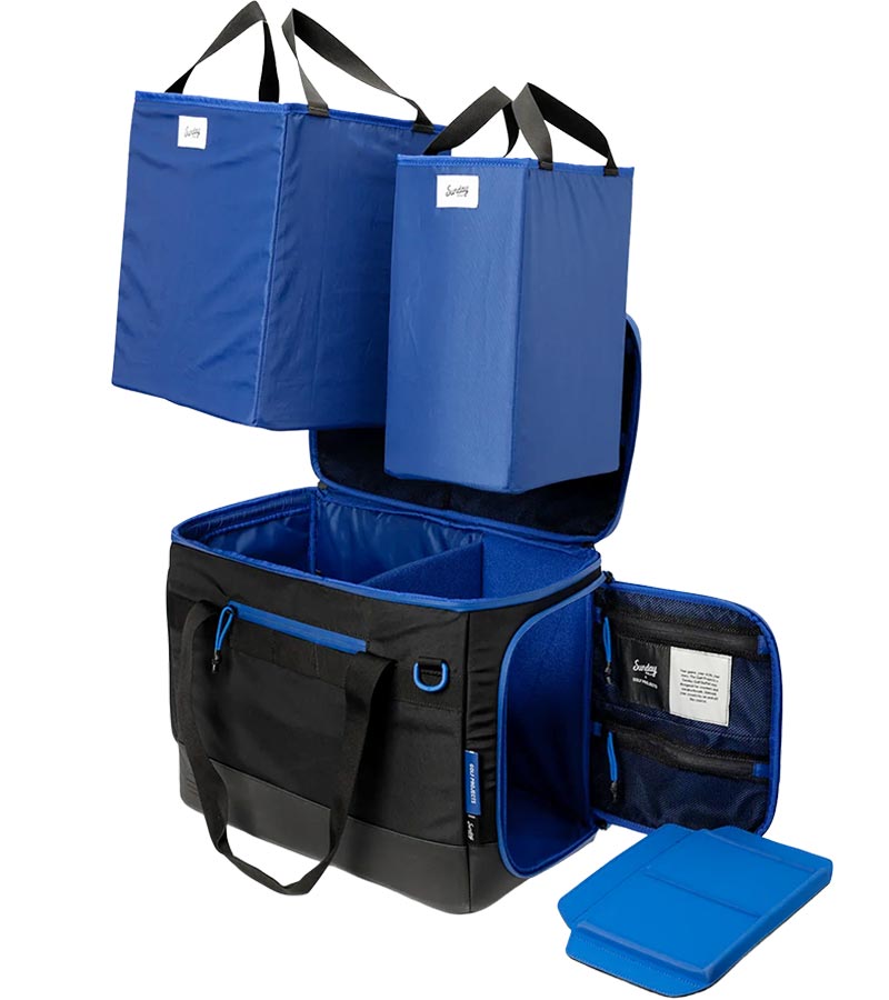 Sunday Golf Creator Duffle Bag in black with separate blue compartments on a white background
