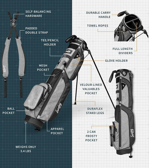 The Sunday Golf Loma XL Carry Bag in Heather Gray - showing all details