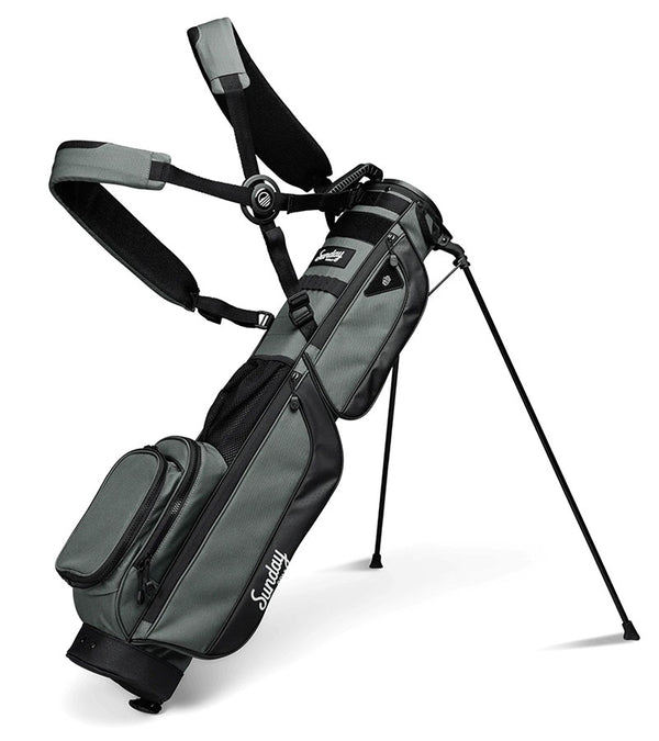 The Sunday Golf Loma XL Carry Bag in Midnight Green- legs extended with double carrying straps
