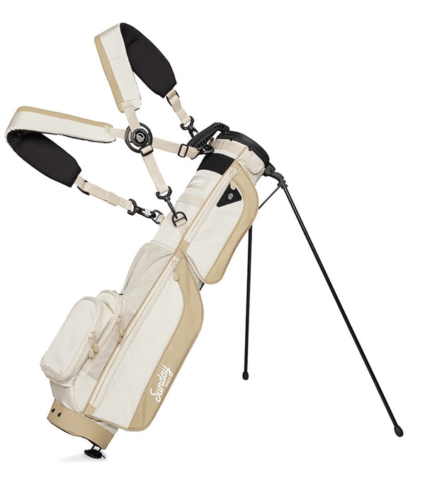 The Sunday Golf Loma XL Carry Bag in Toasted Almond - legs extended with double carrying strap
