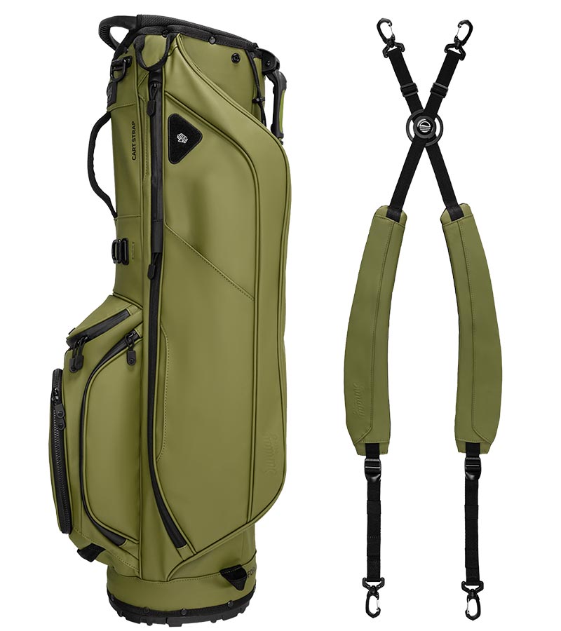 Sunday Golf Ryder S-Class Full Size Stand Golf Bag in OliveVegan Leather with a backpack-style double strap system