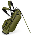 Sunday Golf Ryder S-Class Full Size Stand Golf Bag in Olive Vegan Leather with legs extended and a backpack-style double strap system