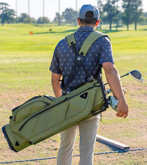 Sunday Golf Ryder S-Class Full Size Stand Golf Bag in Olive Vegan Leather – golfer at practice field
