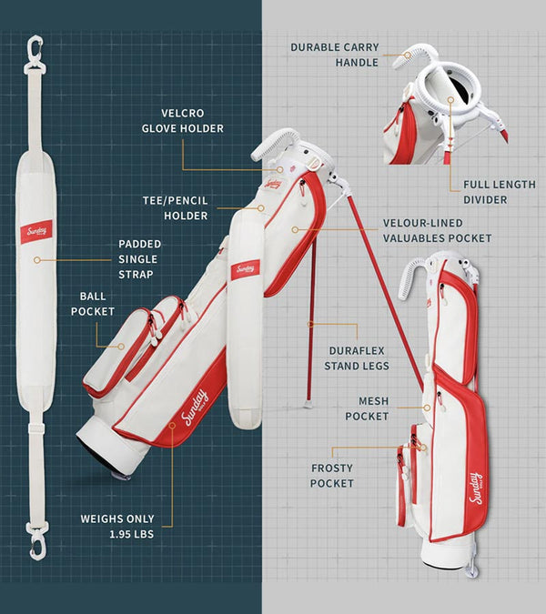 Sunday Golf The Loma Par 3 Golf Bag  illustration of bag's features in  Red & Off-White