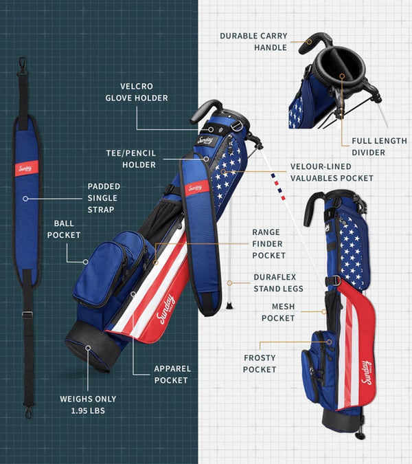 Sunday Golf The Loma Patriot Par 3 Golf Bag illustration showing all the features