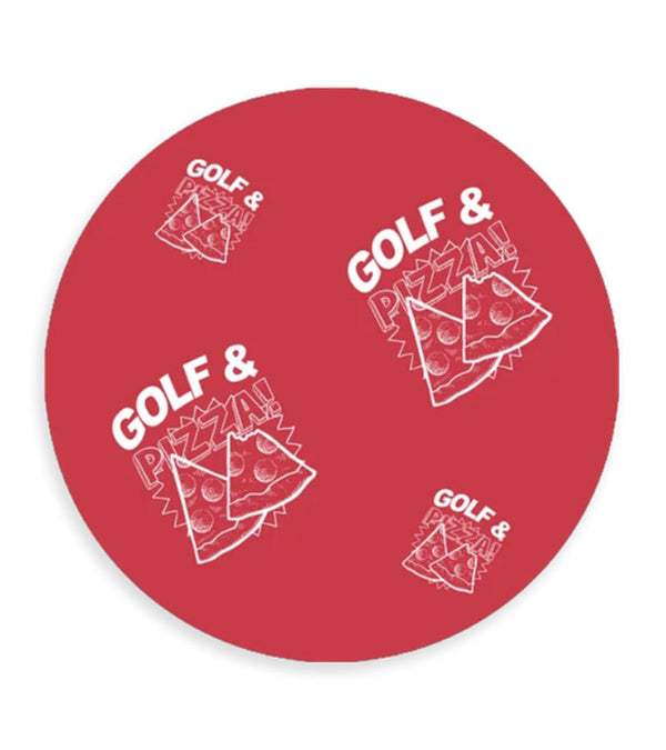 SwingJuice Golf and Pizza Men’s Performance Golf Polo Shirt - closeup of the all-over print of pizza slices paired with the text GOLF & PIZZA! in white against a vibrant red background.