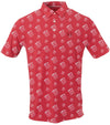 SwingJuice Golf and Pizza Men’s Performance Golf Polo Shirt - all-over print of pizza slices paired with the text GOLF & PIZZA! in white against a vibrant red background.