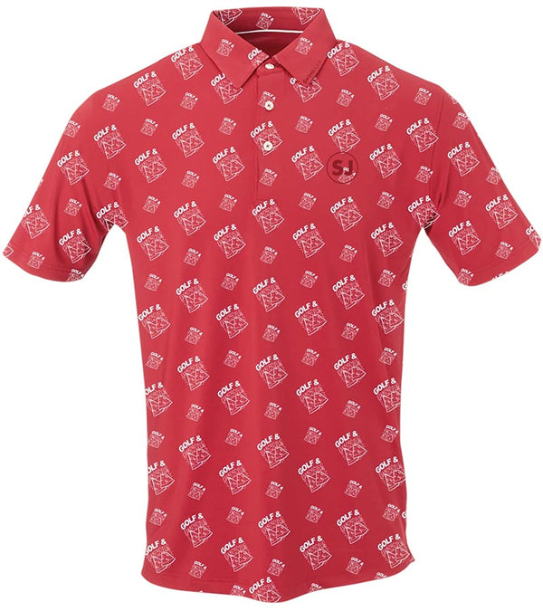 SwingJuice Golf and Pizza Men’s Performance Golf Polo Shirt - all-over print of pizza slices paired with the text GOLF & PIZZA! in white against a vibrant red background.