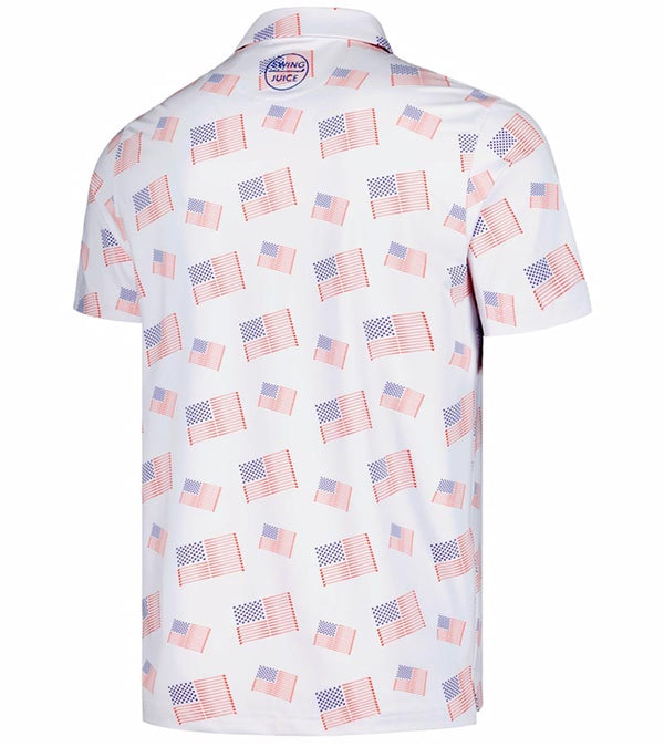 SwingJuice Golf Flag Mens Golf Polo - back view - a patriotic pattern composed of multiple American flags arranged diagonally across the fabric. .The stars are represented in a compact navy blue field with a dot-like pattern, while the red stripes are created from golf clubs .