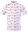 SwingJuice Golf Flag Mens Golf Polo - front view - a patriotic pattern composed of multiple American flags arranged diagonally across the fabric. . The stars are represented in a compact navy blue field with a dot-like pattern, while the red stripes  are created from golf clubs .