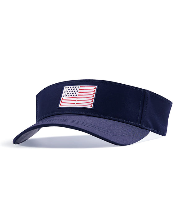 SwingJuice Golf Flag Golf Visor in navy front view with an American flag patch design showing golf balls replacing the traditional stars and golf clubs form the stripes.