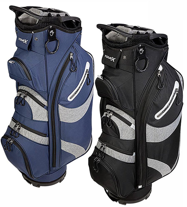 Tour X 14 Way Cart Golf Bag in 2 color ways: Black/Black and Navy/Navy with silver gray and white design details and accents