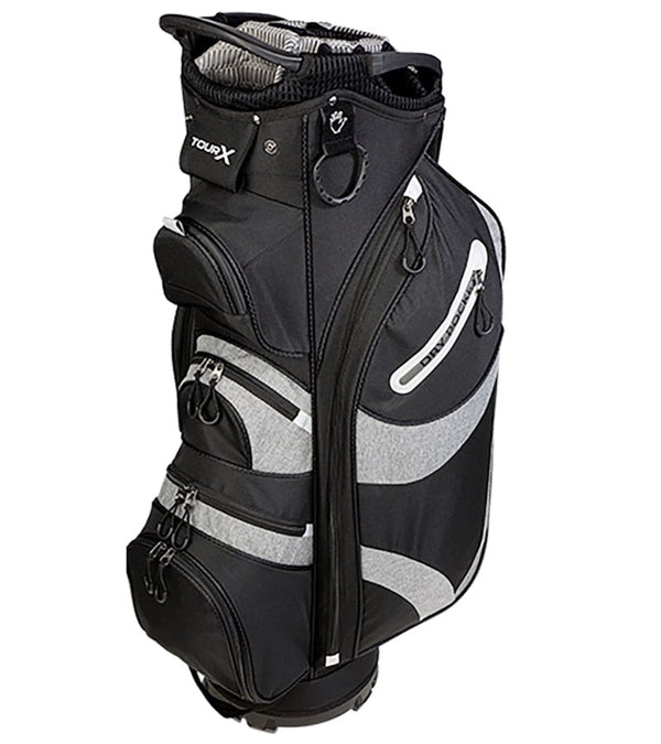 Tour X 14 Way Cart Golf Bag in Black/Black with silver gray and white design details and accents