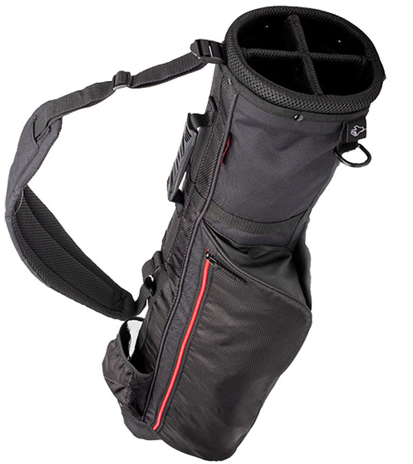 Merchants of Golf Tour X Carry Bag in black with red design details, 4 way top for clubs & a single shoulder strap