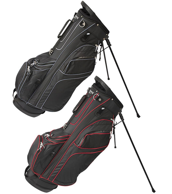 Merchants of Golf Tour X Org XIV Stand Bag  with legs extended in 2 color ways: Black with charcoal detail accents and Black with  red detail accents.