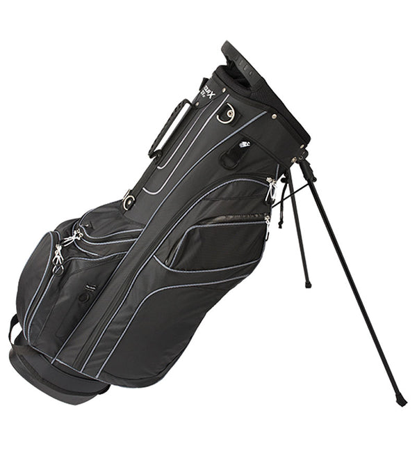 Merchants of Golf Tour X Org XIV Stand Bag with legs extended in Black with charcoal detail accents.