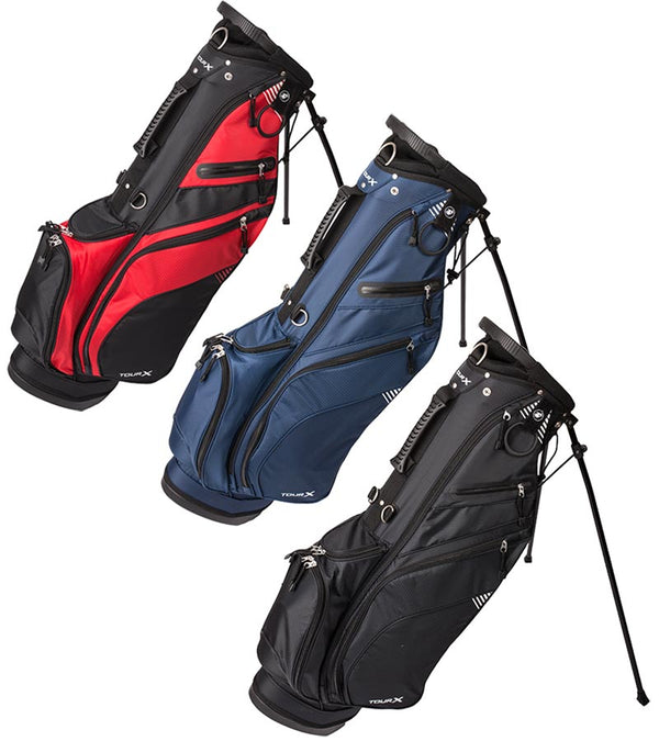 Merchants of Golf Tour X Golf Stand Bag  with legs extended in 3 color ways:  Black, Navy and Black with Red  design accents
