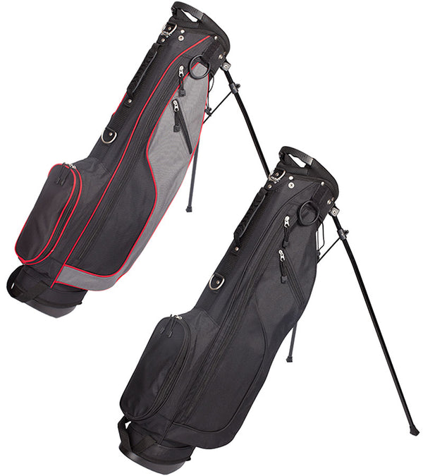 Merchants of Golf Tour X Sunday Stand Golf Bag with legs extended in 2 color ways: Black and Black/Charcoal/Red