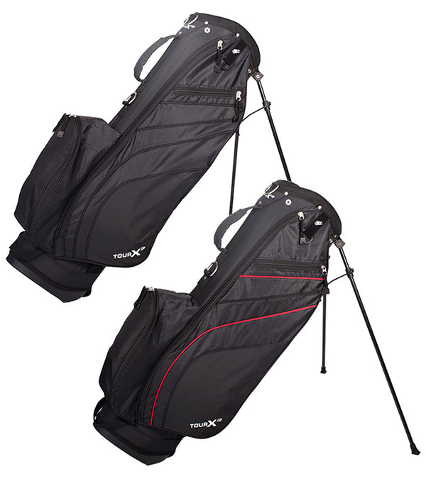 Merchants of Golf Tour X3 Stand Golf Bag legs extended in 2 color ways: Black and Black with red detail design accents.