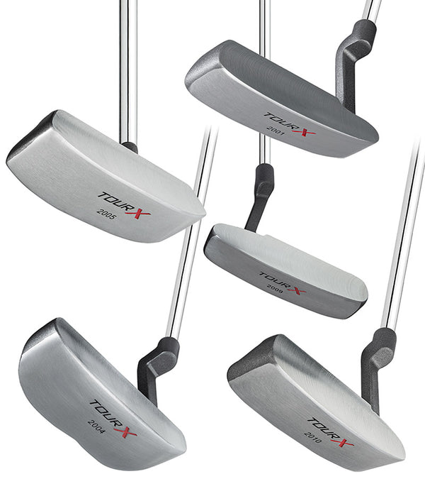 Merchants of Golf Tour X Stainless Putters  - 5 options showing the front and bottoms: for right-handed golfers2001, 2004, 2005, 2010, and for left-handed golfers 2009.