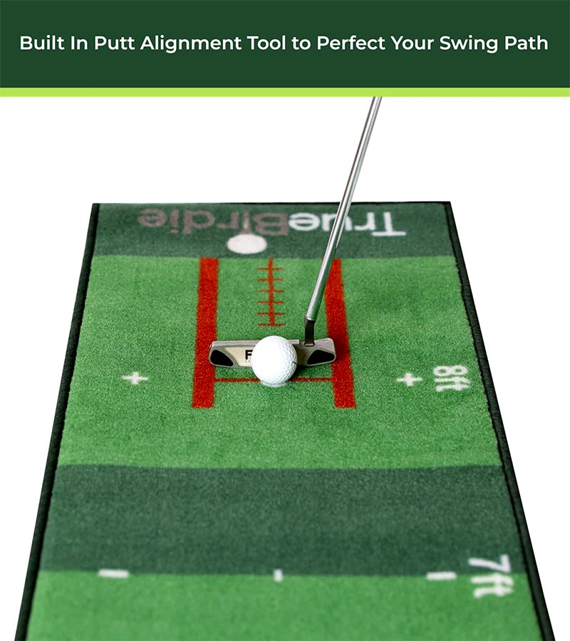 TrueBirdie Indoor Putting Green and Golf Mat 10ft- closeup of putter with golf ball lind up on mat's alignment markings