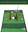 TrueBirdie Indoor Putting Green and Golf Mat 10ft- closeup of putter with golf ball lind up on mat's alignment markings