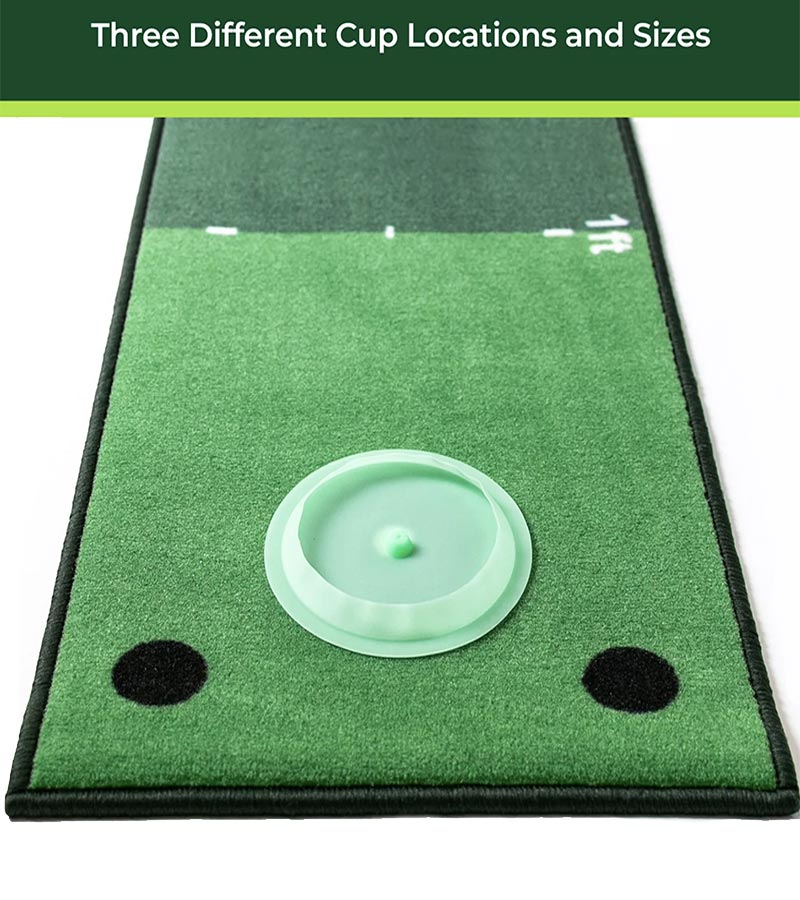 TrueBirdie Indoor Putting Green and Golf Mat 10ft- close up of silicone golf cup  placement on the mat